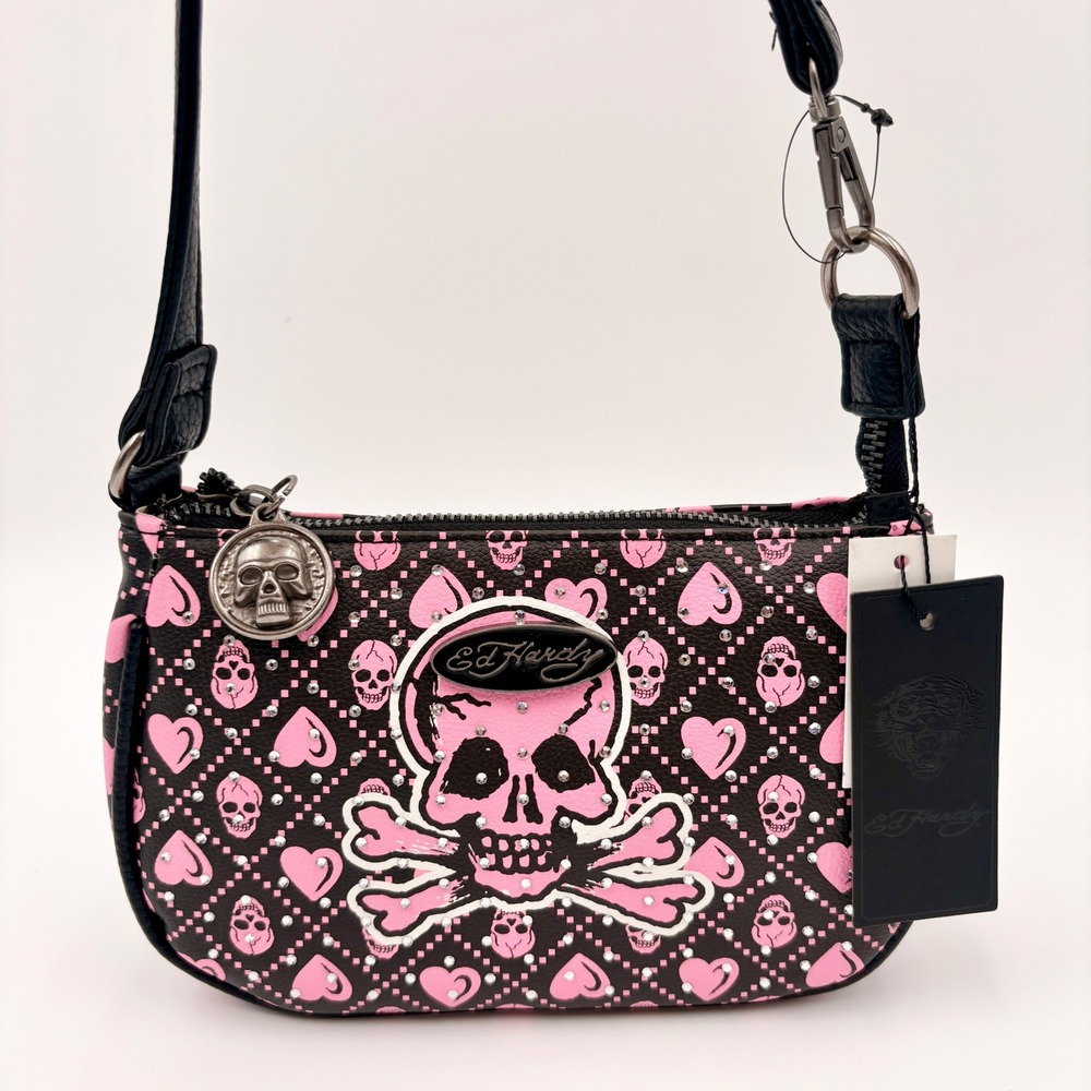 Ed Hardy Pink Skull Heart Rhinestone Baguette Shoulder Bag Black Halloween